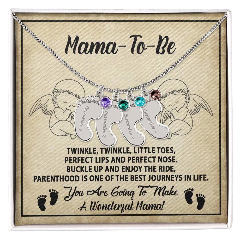 Gift for Mama-to-be Adorable Engraved Name Baby Feet Necklace with Birthstone