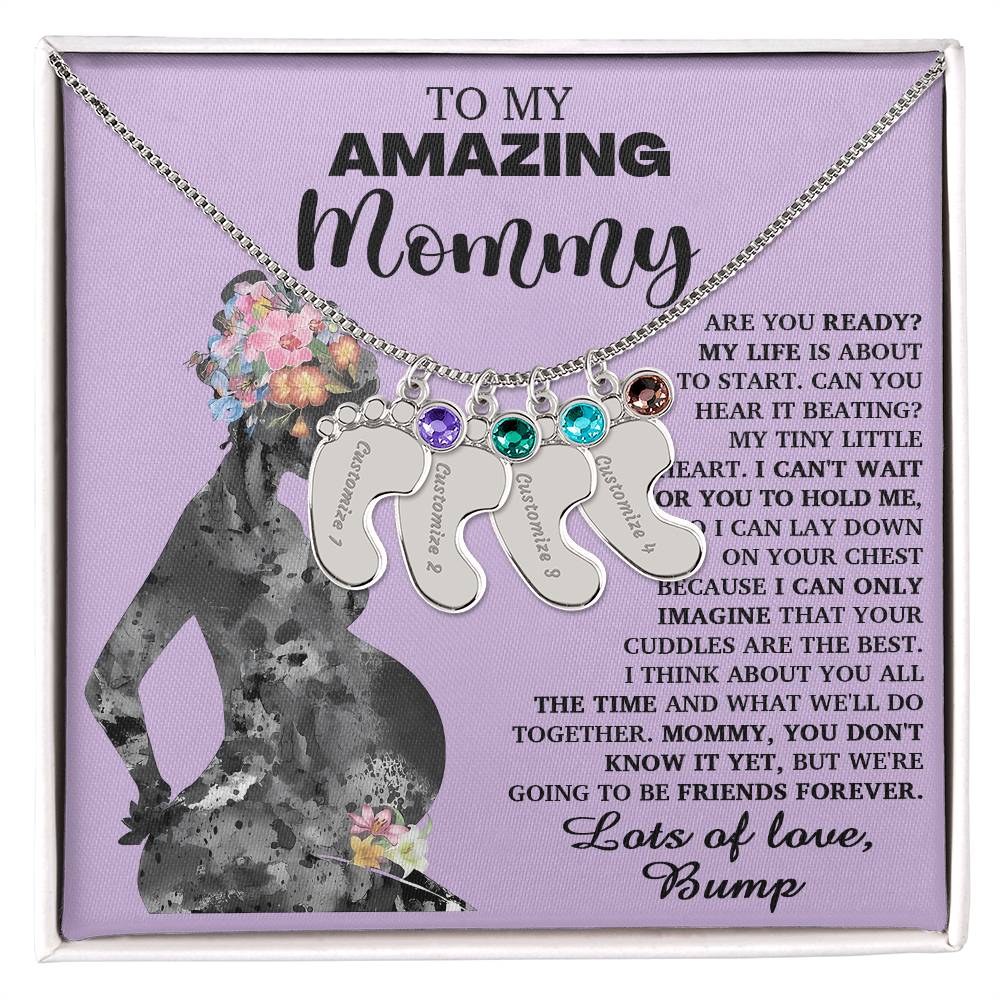 To My Amazing Mommy Lots of Love from the Bump Pregnancy Gift Engraved Name Baby Feet Charm Necklace with Birthstone - Mallard Moon Gift Shop