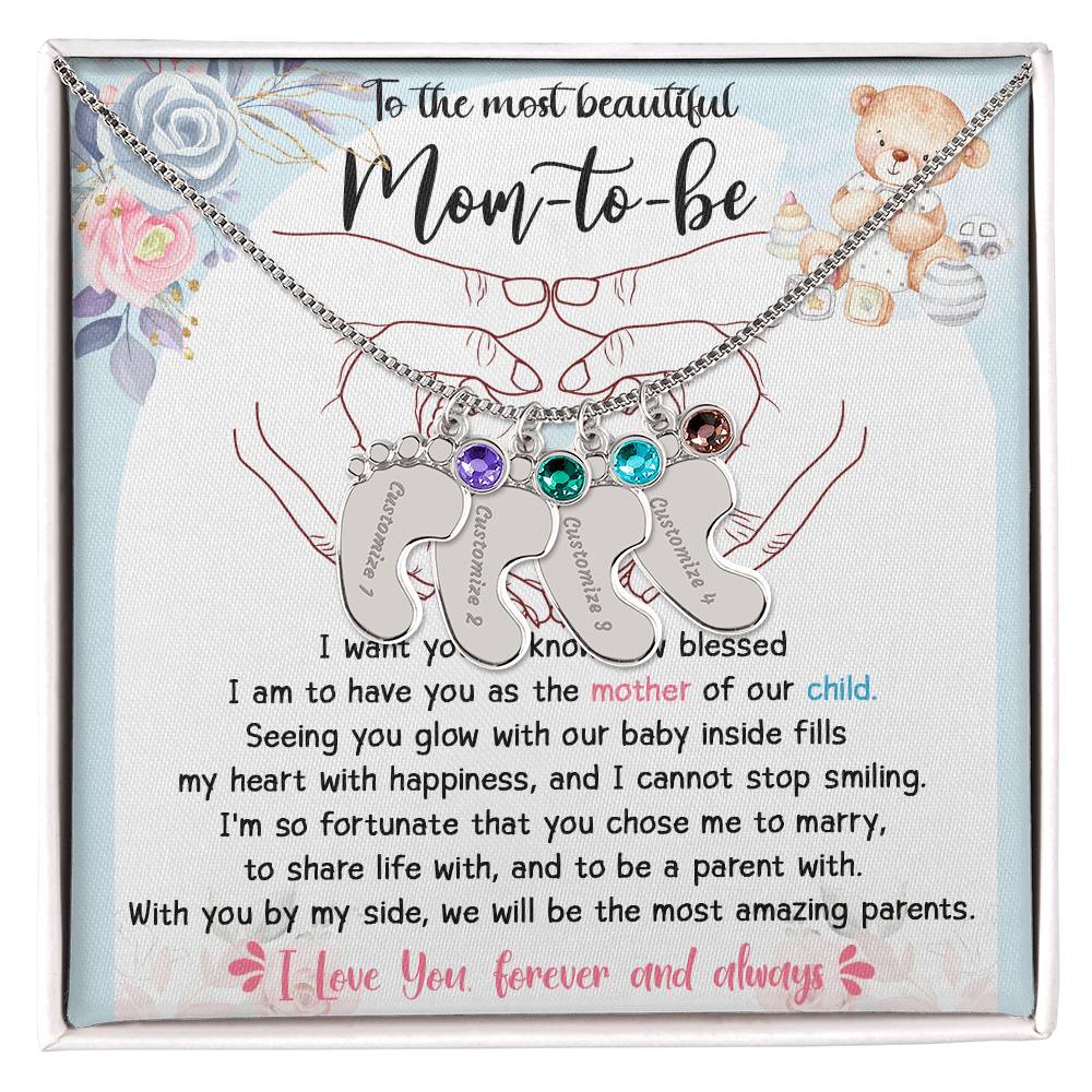 Mom-to-be Gift from Husband Engraved Name Baby Feet Charm Necklace with Birthstone - Mallard Moon Gift Shop