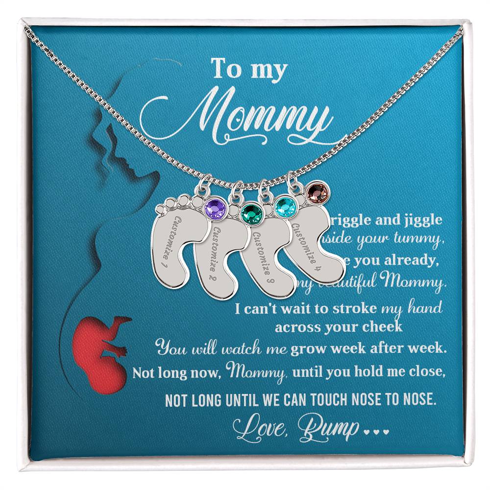 New Mom Gift Not Long Now Until You Can Hold Me Close Baby Feet Engraved Name Charm Necklace with Birthstone - Mallard Moon Gift Shop