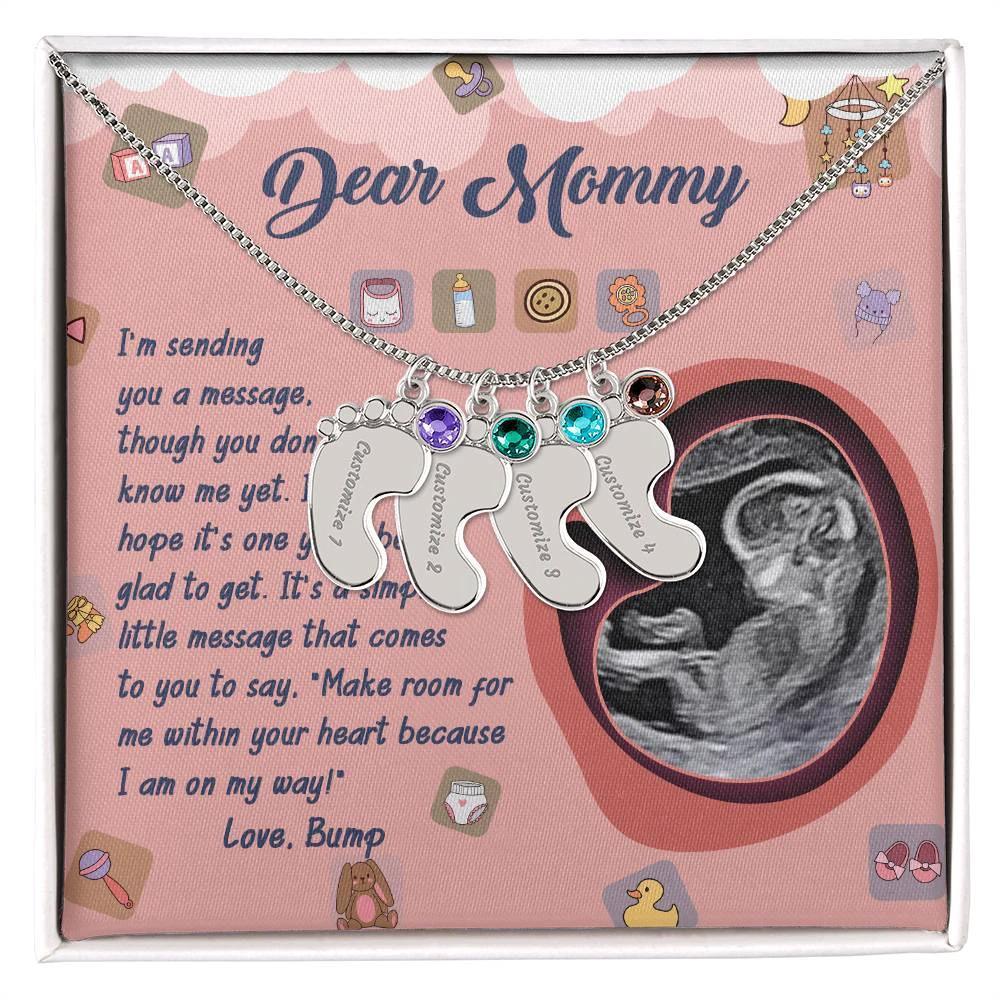 Dear Mommy I Am On My Way Baby Feet Engraved Name Charm Pendant Necklace with Birthstone