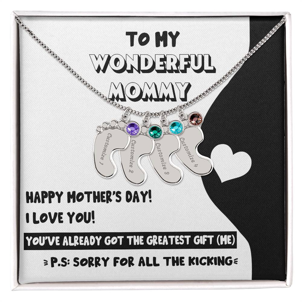 Gift for New Mom - Sorry for All the Kicking Baby Feet Engraved Name Charm Necklace with Birthstone - Mallard Moon Gift Shop