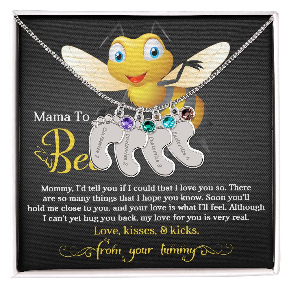 Mama To Bee Love, Kisses and Kicks from your Tummy Engraved Name Baby Feet Charm Necklace with Birthstone - Mallard Moon Gift Shop