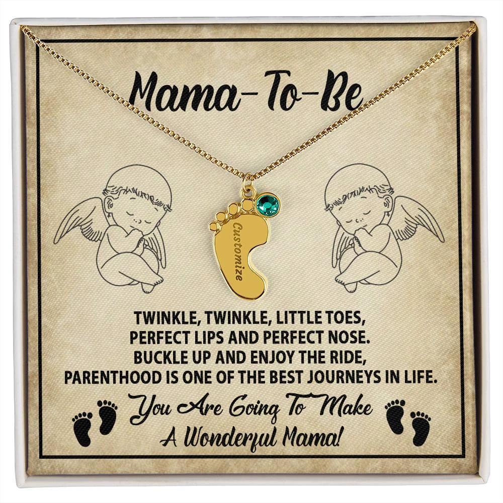 Gift for Mama-to-be Adorable Engraved Name Baby Feet Necklace with Birthstone