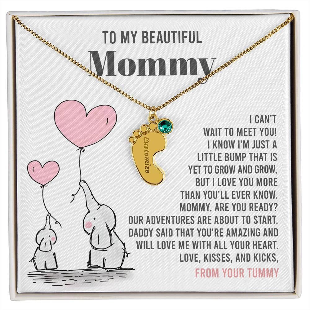 Pregnancy Gift for New Mom From the Bump Engraved Name Baby Feet Pendant Necklace with Birthstone