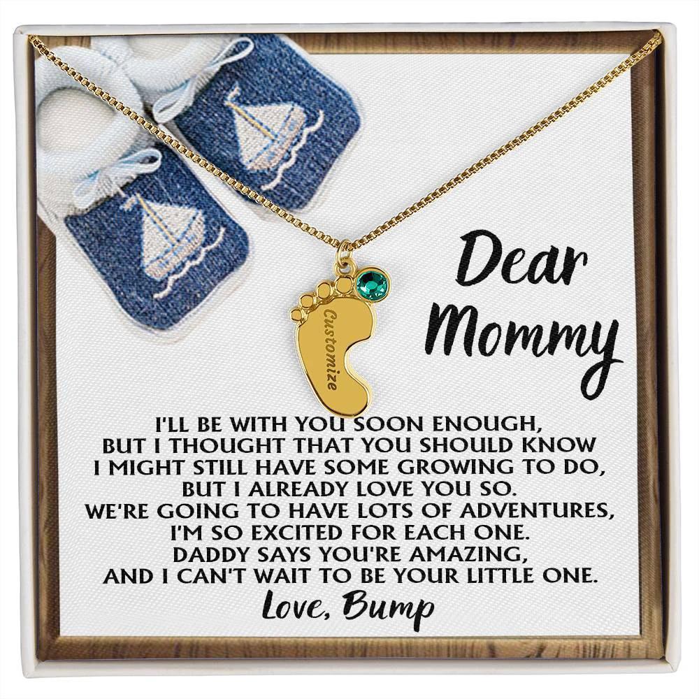 Dear Mommy I Already Love You Pregnancy Engraved Name Baby Feet Charm Necklace with Birthstone Gift for New Mom
