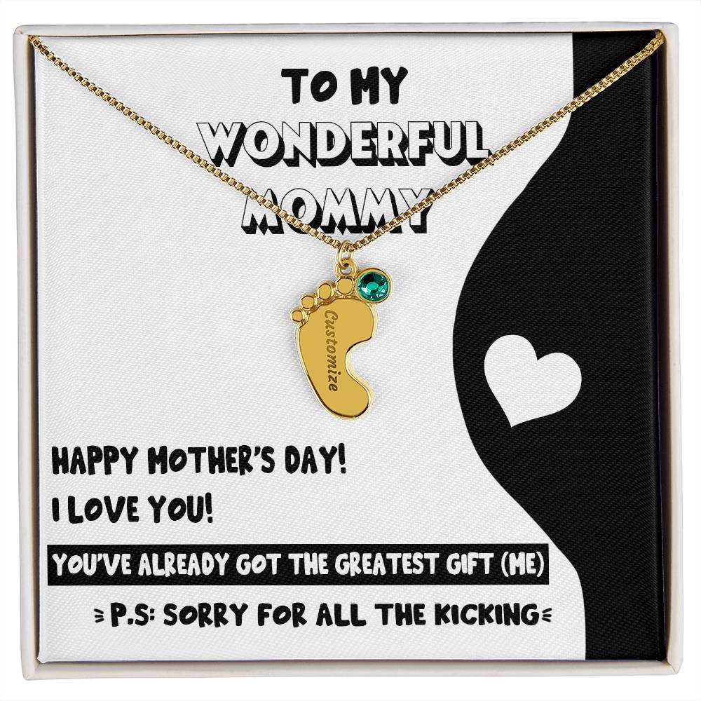 Gift for New Mom - Sorry for All the Kicking Baby Feet Engraved Name Charm Necklace with Birthstone - Mallard Moon Gift Shop