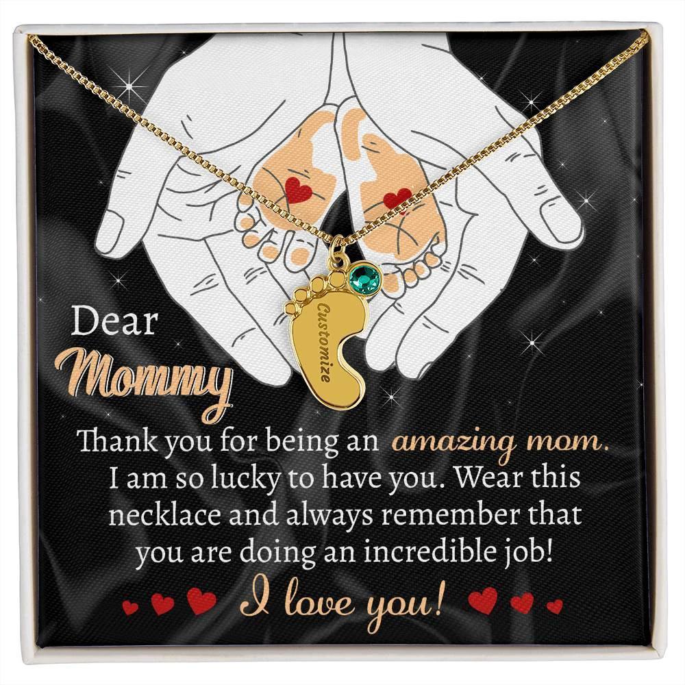 Pregnant Mother Gift You are doing an Incredible Job Engraved Name Baby Feet Necklace with Birthstone