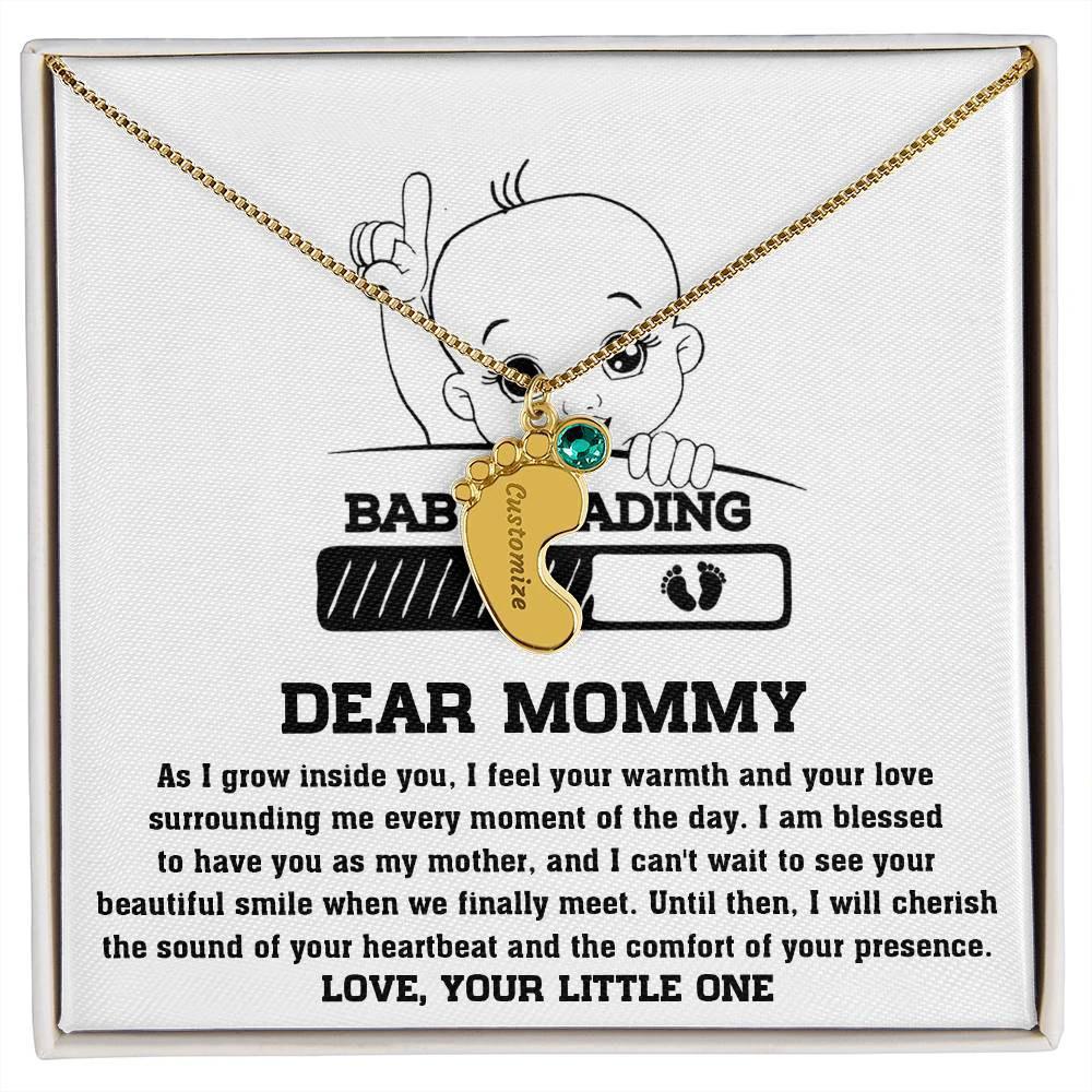 Dear Mommy Your Little One Can't Wait to See your Smile Engraved Name Baby Feet Pendant Necklace with Birthstone