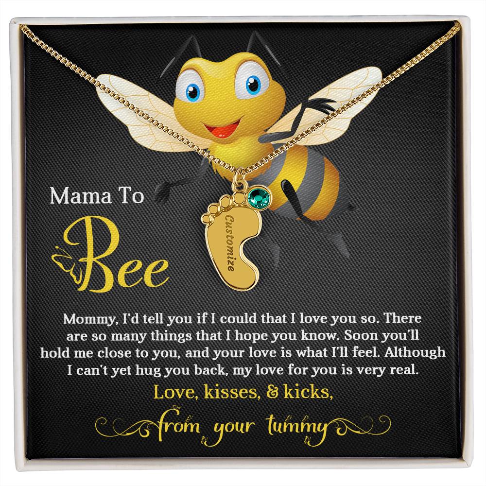 Mama To Bee Love, Kisses and Kicks from your Tummy Engraved Name Baby Feet Charm Necklace with Birthstone - Mallard Moon Gift Shop