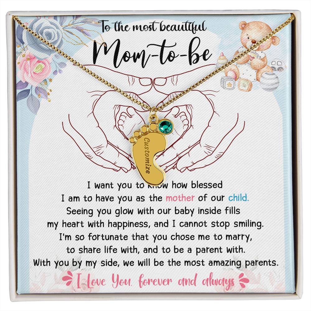 Mom-to-be Gift from Husband Engraved Name Baby Feet Charm Necklace with Birthstone - Mallard Moon Gift Shop