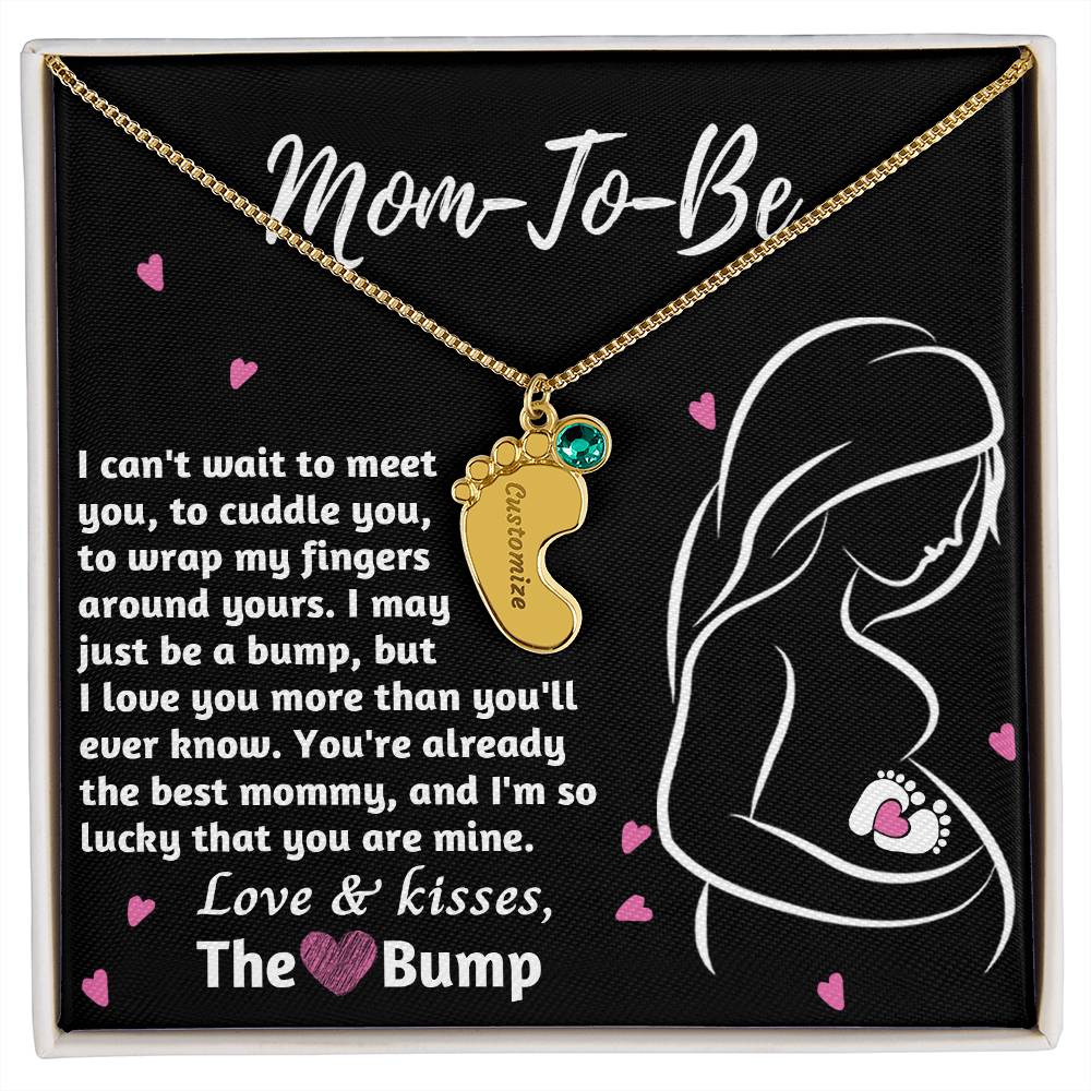 Mom-To-Be Love and Kisses From the Bump Engraved Name Baby Feet Pendant Necklace with Birthstone - Mallard Moon Gift Shop