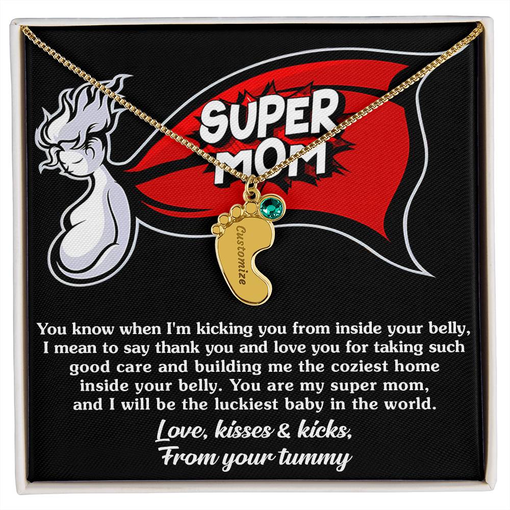 Supermom Love, Kisses and Kicks From Your Tummy Engraved Name Baby Feet Pendant Necklace with Birthstone - Mallard Moon Gift Shop