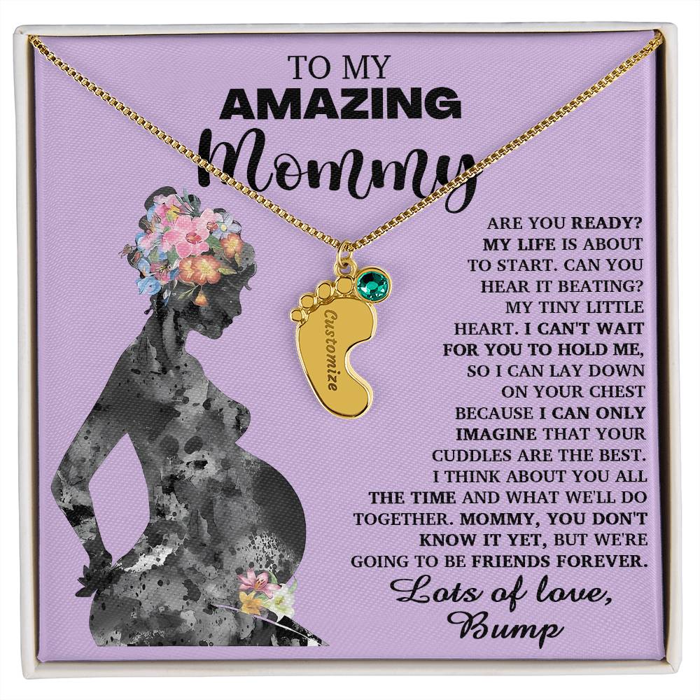 To My Amazing Mommy Lots of Love from the Bump Pregnancy Gift Engraved Name Baby Feet Charm Necklace with Birthstone - Mallard Moon Gift Shop