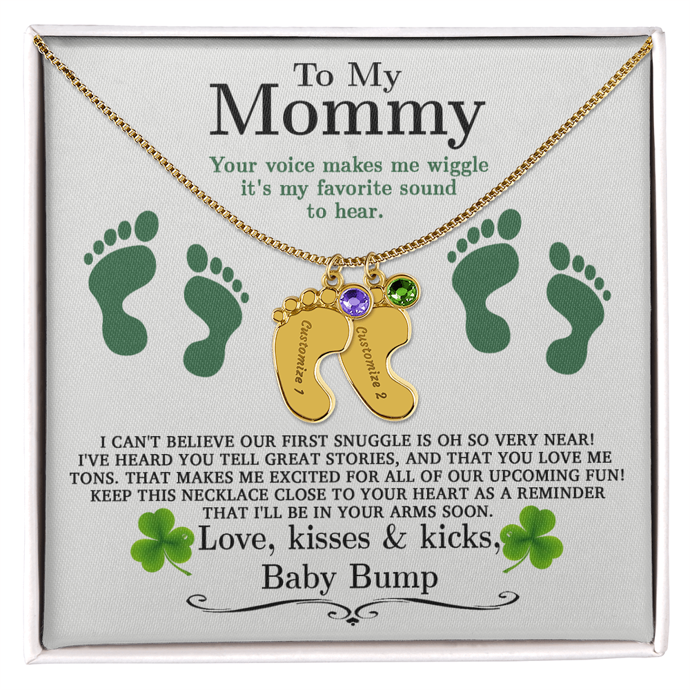 To My Mommy from Baby Bump - Personalized Baby Feet Necklace – Custom Name & Birthstone Pendant St. Patrick's Day Gift - Mallard Moon Gift Shop