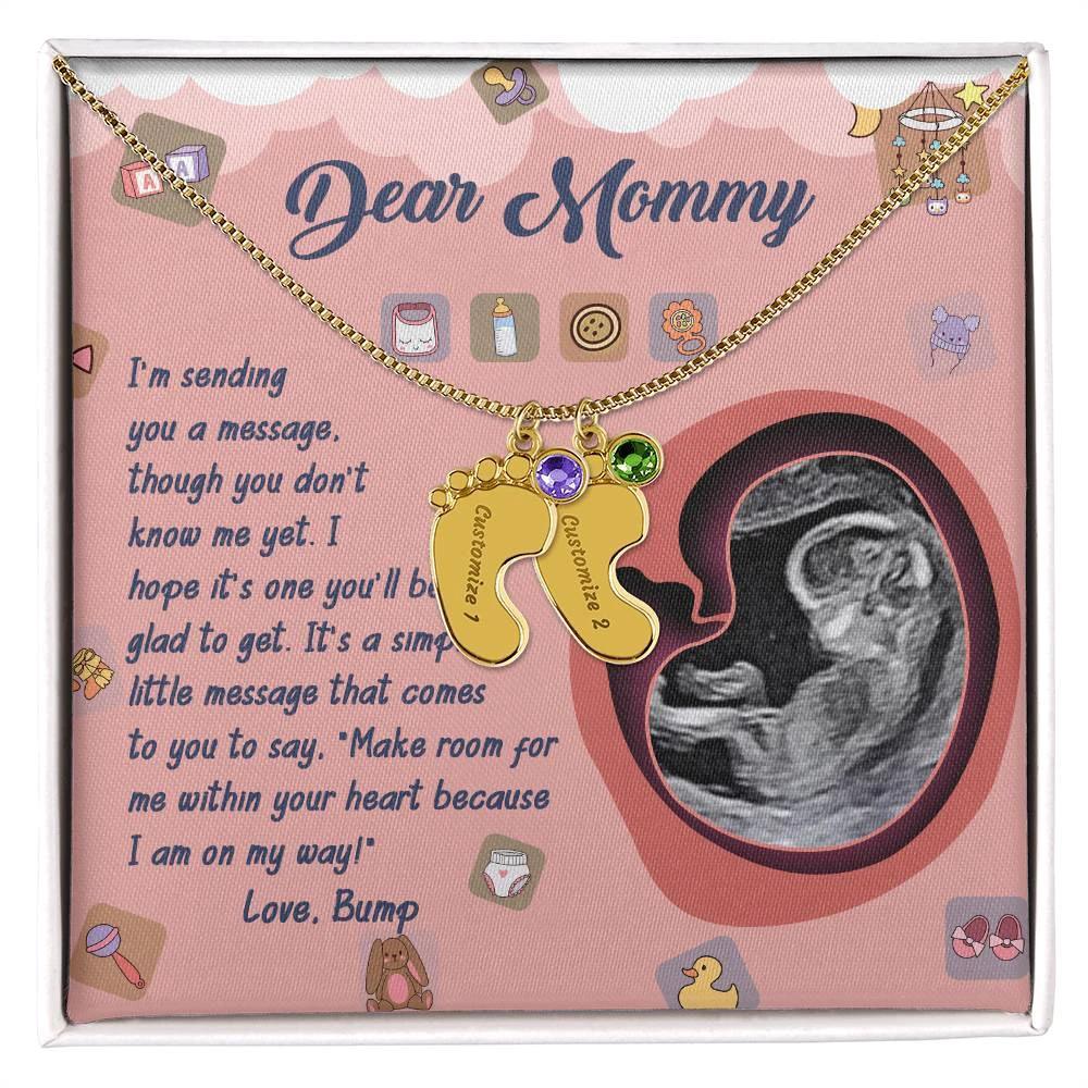 Dear Mommy I Am On My Way Baby Feet Engraved Name Charm Pendant Necklace with Birthstone