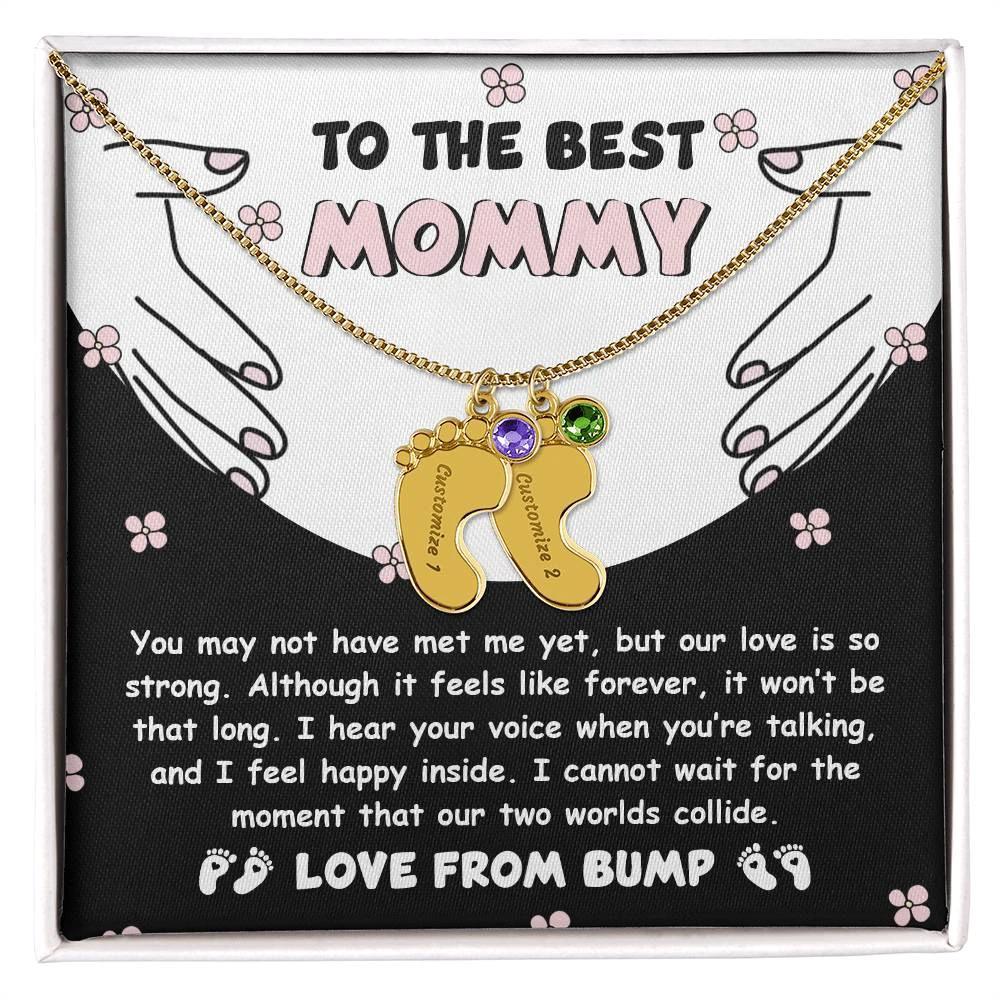 Best Mommy Pregnancy Gift Love from the Bump Engraved Name Baby Feet Pendant Necklace with Birthstone