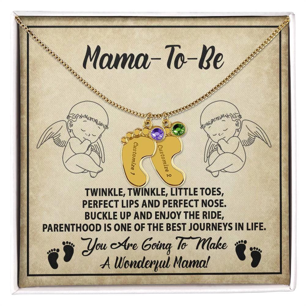 Gift for Mama-to-be Adorable Engraved Name Baby Feet Necklace with Birthstone