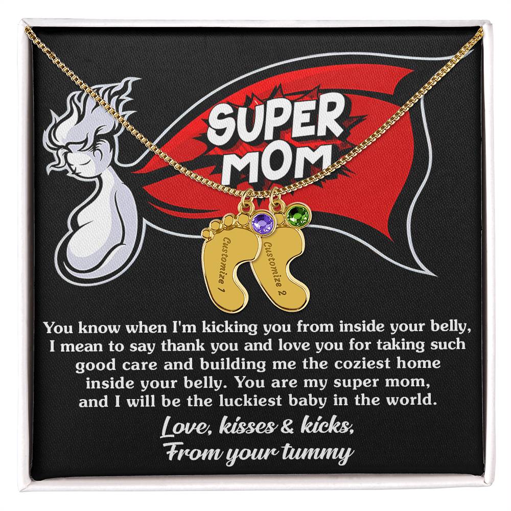 Supermom Love, Kisses and Kicks From Your Tummy Engraved Name Baby Feet Pendant Necklace with Birthstone - Mallard Moon Gift Shop
