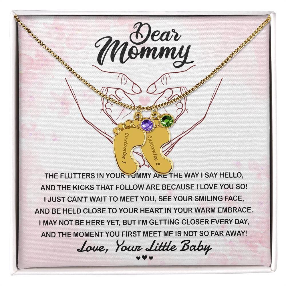 Dear Mommy I Can't Wait to Meet You Pregnancy Gift Engraved Name Baby Feet Pendant Necklace with Birthstone
