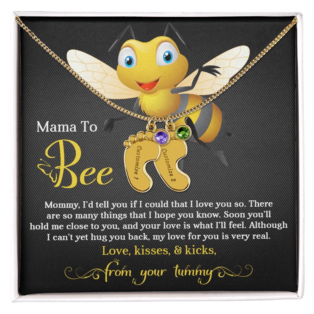 Mama To Bee Love, Kisses and Kicks from your Tummy Engraved Name Baby Feet Charm Necklace with Birthstone - Mallard Moon Gift Shop