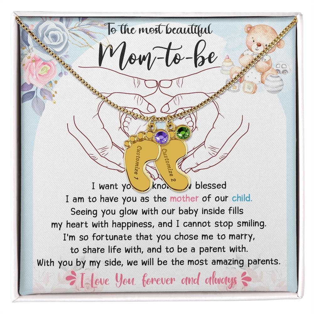 Mom-to-be Gift from Husband Engraved Name Baby Feet Charm Necklace with Birthstone - Mallard Moon Gift Shop