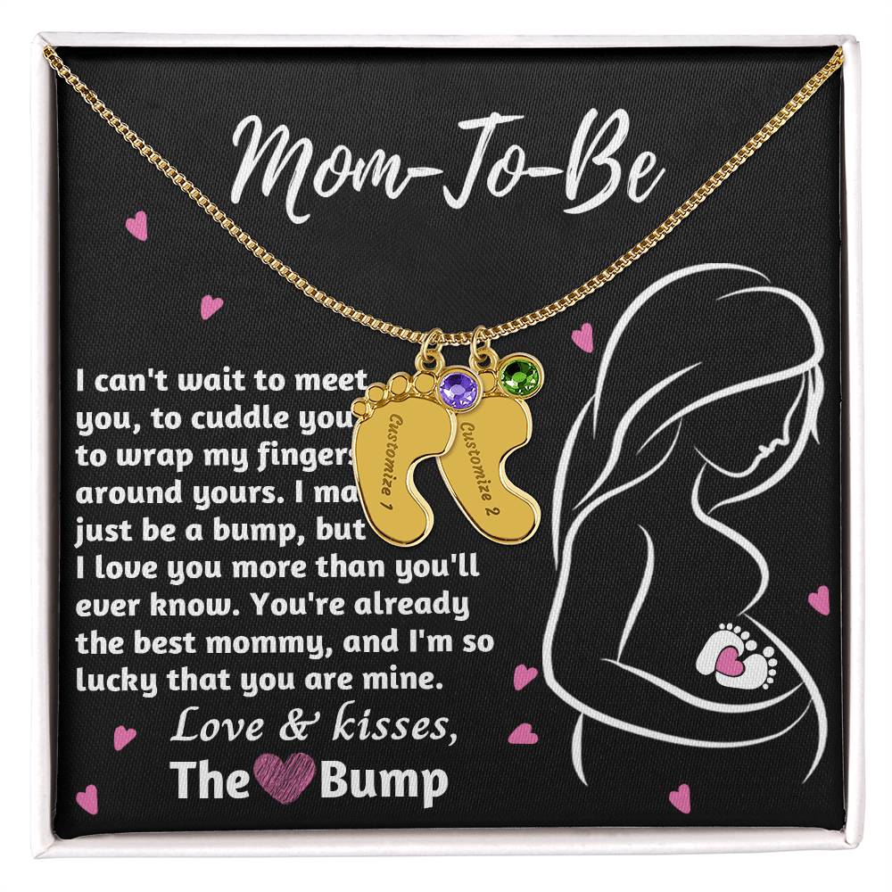 Mom-To-Be Love and Kisses From the Bump Engraved Name Baby Feet Pendant Necklace with Birthstone - Mallard Moon Gift Shop