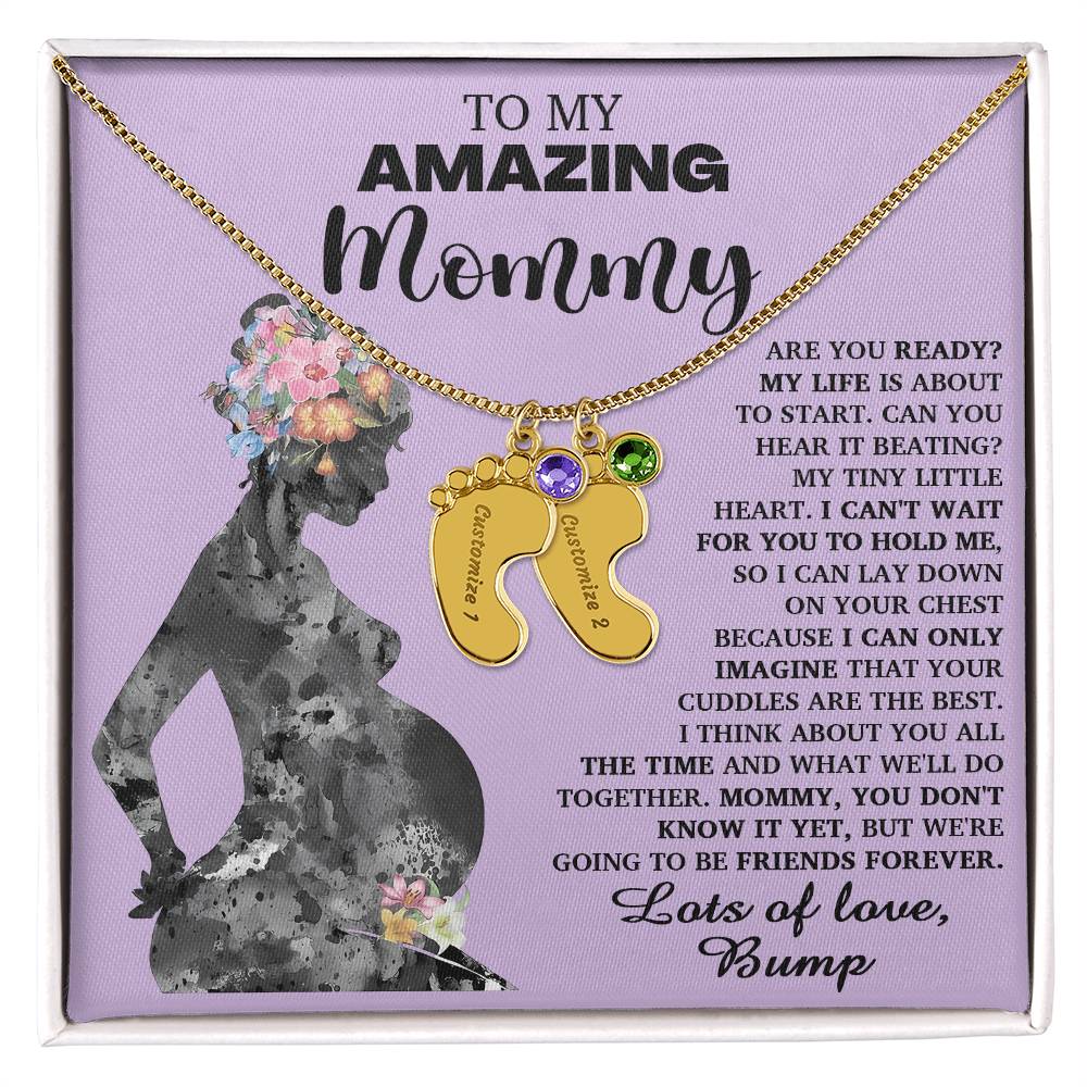 To My Amazing Mommy Lots of Love from the Bump Pregnancy Gift Engraved Name Baby Feet Charm Necklace with Birthstone - Mallard Moon Gift Shop