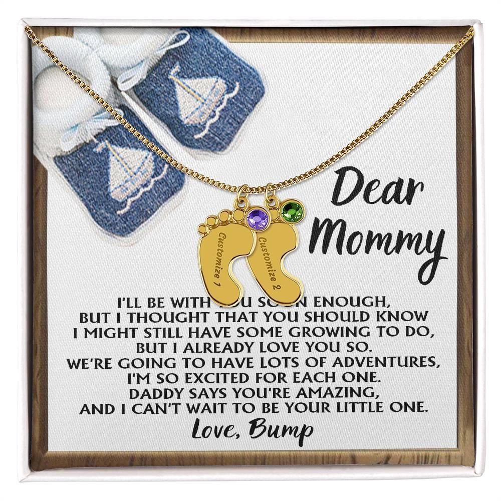 Dear Mommy I Already Love You Pregnancy Engraved Name Baby Feet Charm Necklace with Birthstone Gift for New Mom