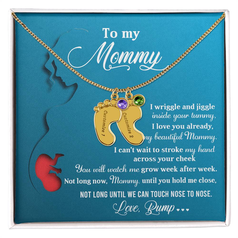 New Mom Gift Not Long Now Until You Can Hold Me Close Baby Feet Engraved Name Charm Necklace with Birthstone - Mallard Moon Gift Shop