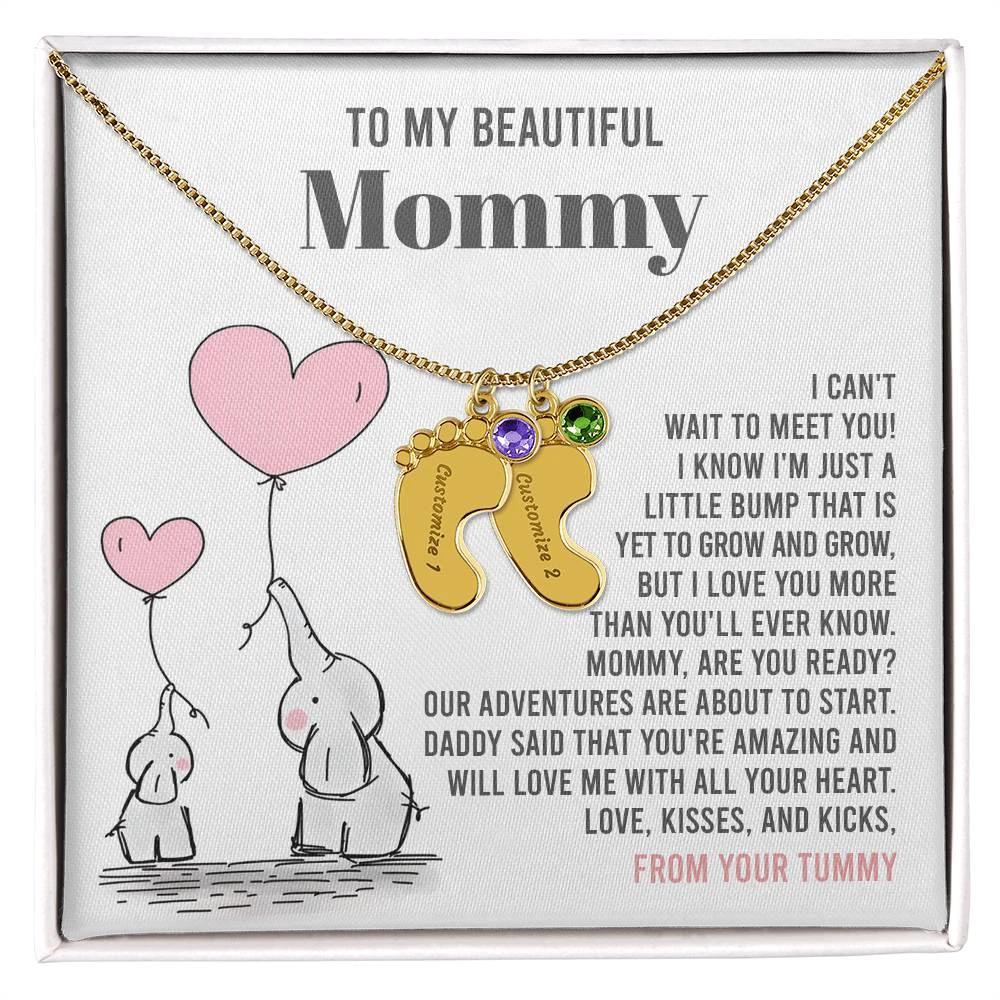 Pregnancy Gift for New Mom From the Bump Engraved Name Baby Feet Pendant Necklace with Birthstone