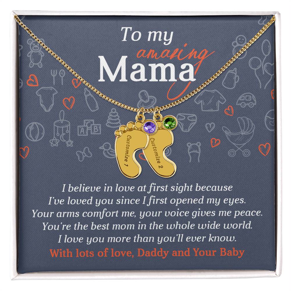 To My Amazing Mama I Believe in Love at First Sight Engraved Name Baby Feet Pendant Necklace with Birthstone - Mallard Moon Gift Shop