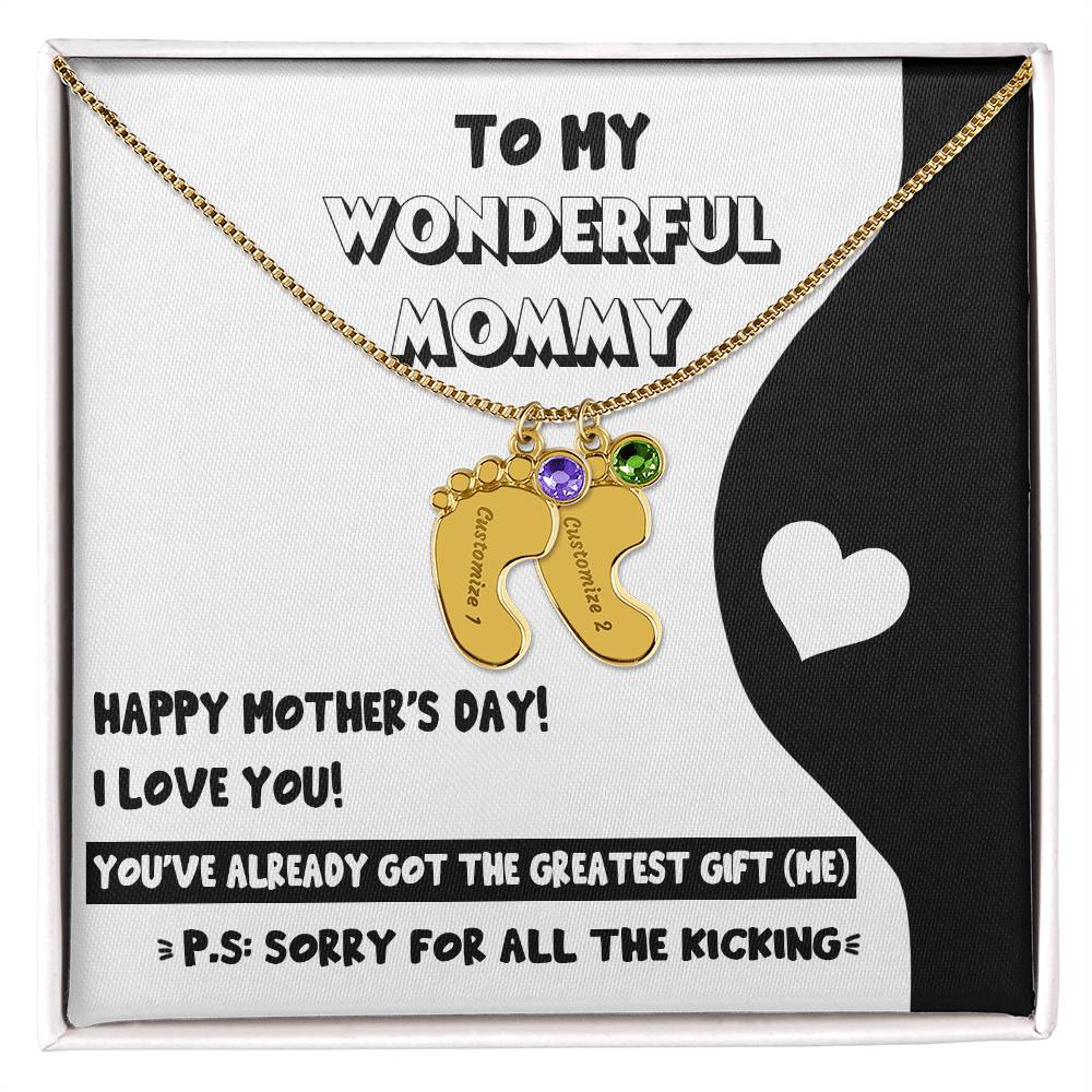 Gift for New Mom - Sorry for All the Kicking Baby Feet Engraved Name Charm Necklace with Birthstone - Mallard Moon Gift Shop