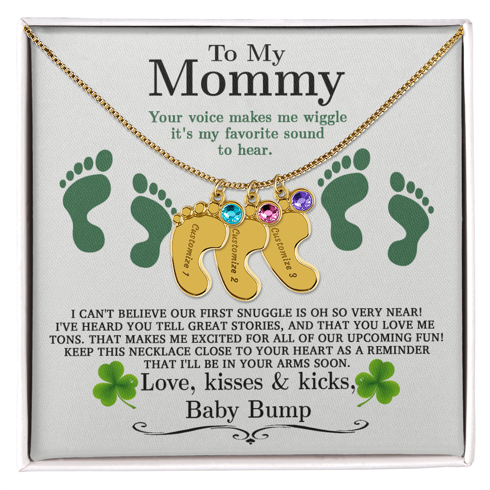 To My Mommy from Baby Bump - Personalized Baby Feet Necklace – Custom Name & Birthstone Pendant St. Patrick's Day Gift - Mallard Moon Gift Shop
