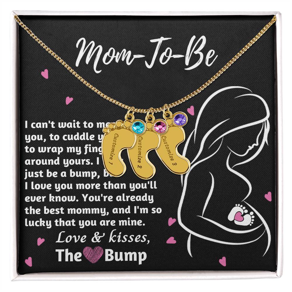 Mom-To-Be Love and Kisses From the Bump Engraved Name Baby Feet Pendant Necklace with Birthstone - Mallard Moon Gift Shop