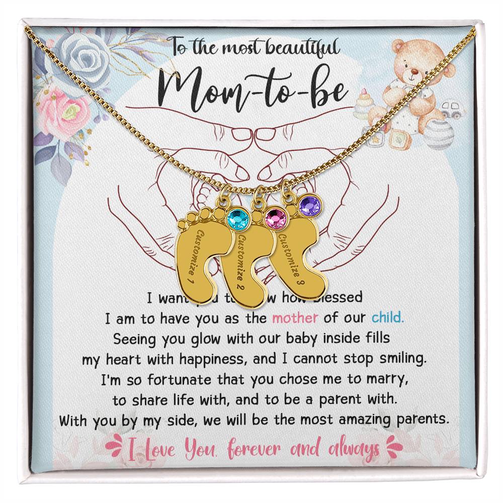 Mom-to-be Gift from Husband Engraved Name Baby Feet Charm Necklace with Birthstone - Mallard Moon Gift Shop