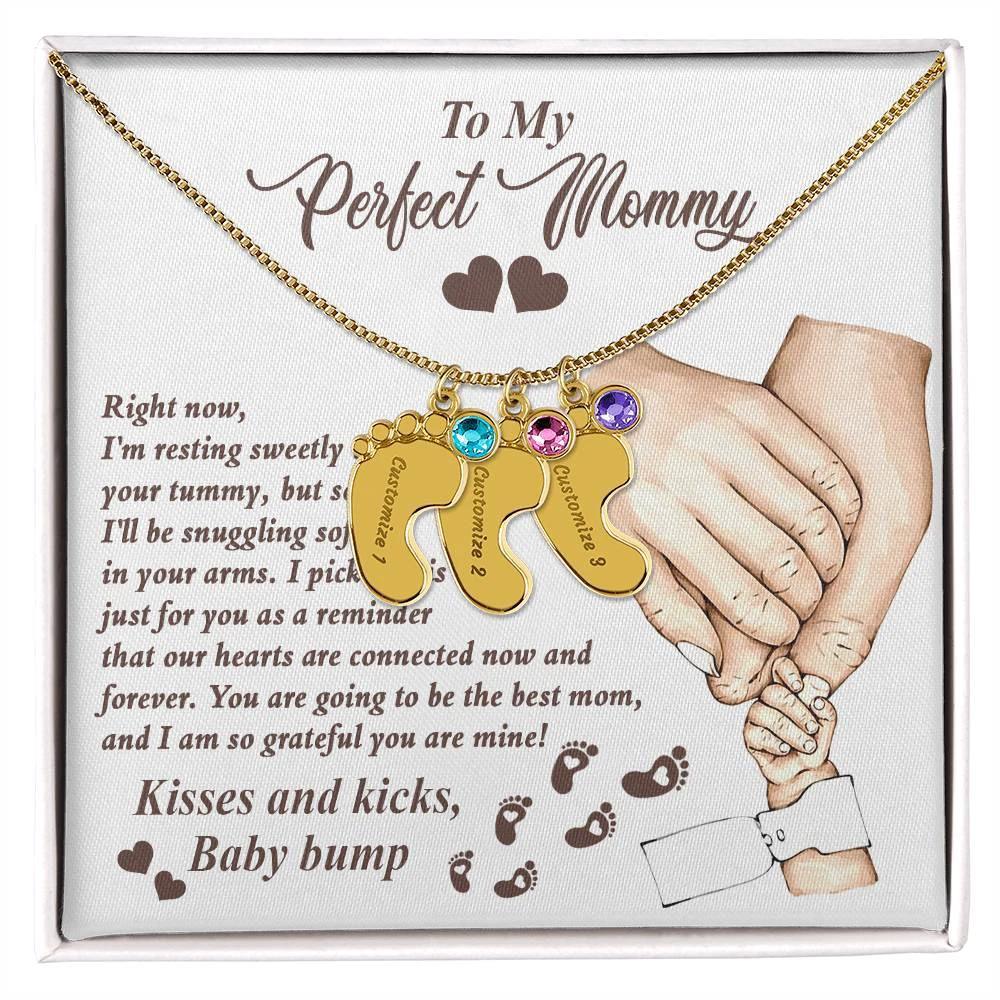 Gift for New Mom Kisses and Kicks from Baby Bump Engraved Name Baby Feet Pendant Necklace with Birthstone