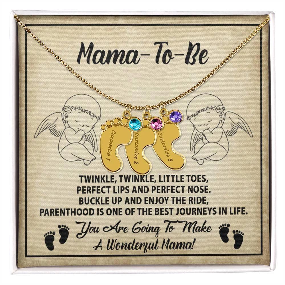 Gift for Mama-to-be Adorable Engraved Name Baby Feet Necklace with Birthstone