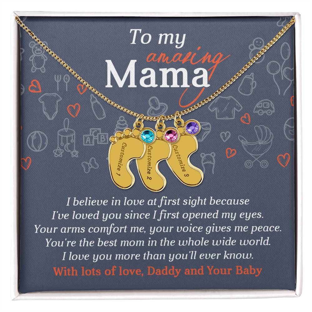 To My Amazing Mama I Believe in Love at First Sight Engraved Name Baby Feet Pendant Necklace with Birthstone - Mallard Moon Gift Shop