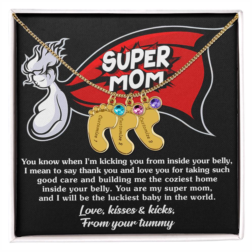 Supermom Love, Kisses and Kicks From Your Tummy Engraved Name Baby Feet Pendant Necklace with Birthstone - Mallard Moon Gift Shop