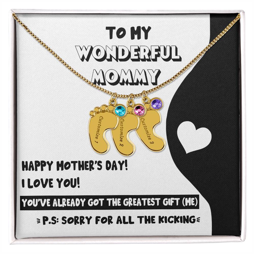 Gift for New Mom - Sorry for All the Kicking Baby Feet Engraved Name Charm Necklace with Birthstone - Mallard Moon Gift Shop