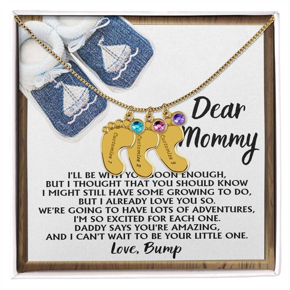 Dear Mommy I Already Love You Pregnancy Engraved Name Baby Feet Charm Necklace with Birthstone Gift for New Mom