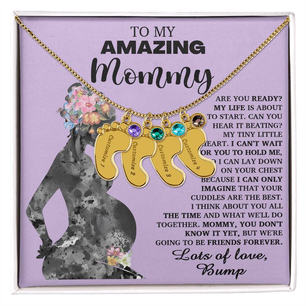 To My Amazing Mommy Lots of Love from the Bump Pregnancy Gift Engraved Name Baby Feet Charm Necklace with Birthstone - Mallard Moon Gift Shop