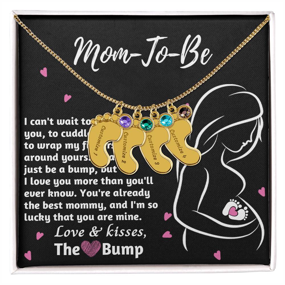 Mom-To-Be Love and Kisses From the Bump Engraved Name Baby Feet Pendant Necklace with Birthstone - Mallard Moon Gift Shop