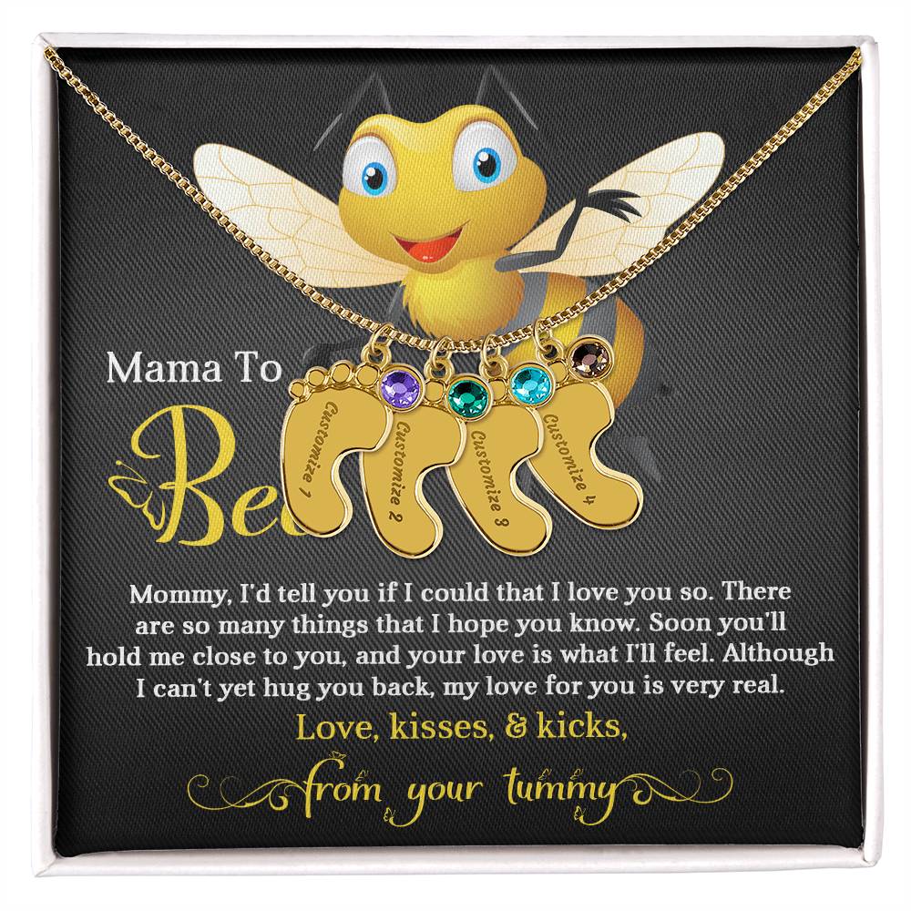 Mama To Bee Love, Kisses and Kicks from your Tummy Engraved Name Baby Feet Charm Necklace with Birthstone - Mallard Moon Gift Shop