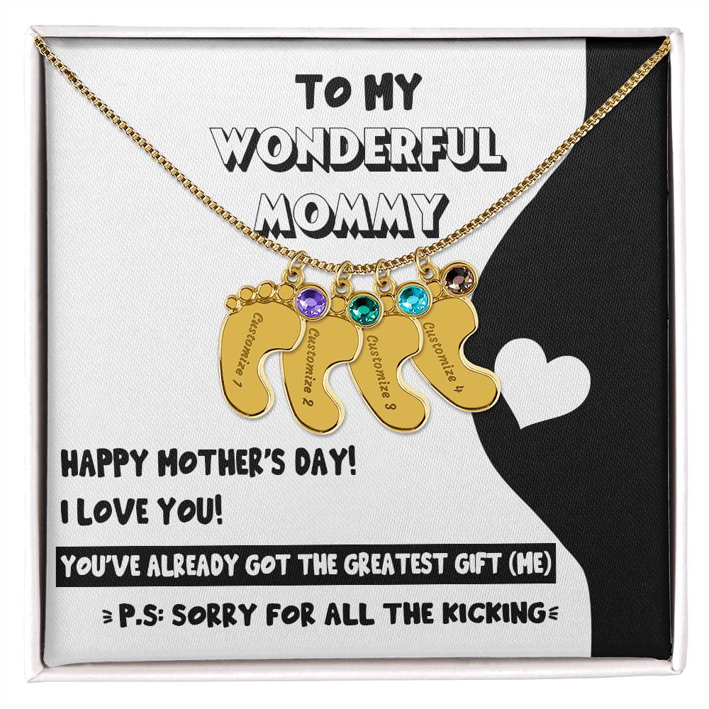 Gift for New Mom - Sorry for All the Kicking Baby Feet Engraved Name Charm Necklace with Birthstone - Mallard Moon Gift Shop