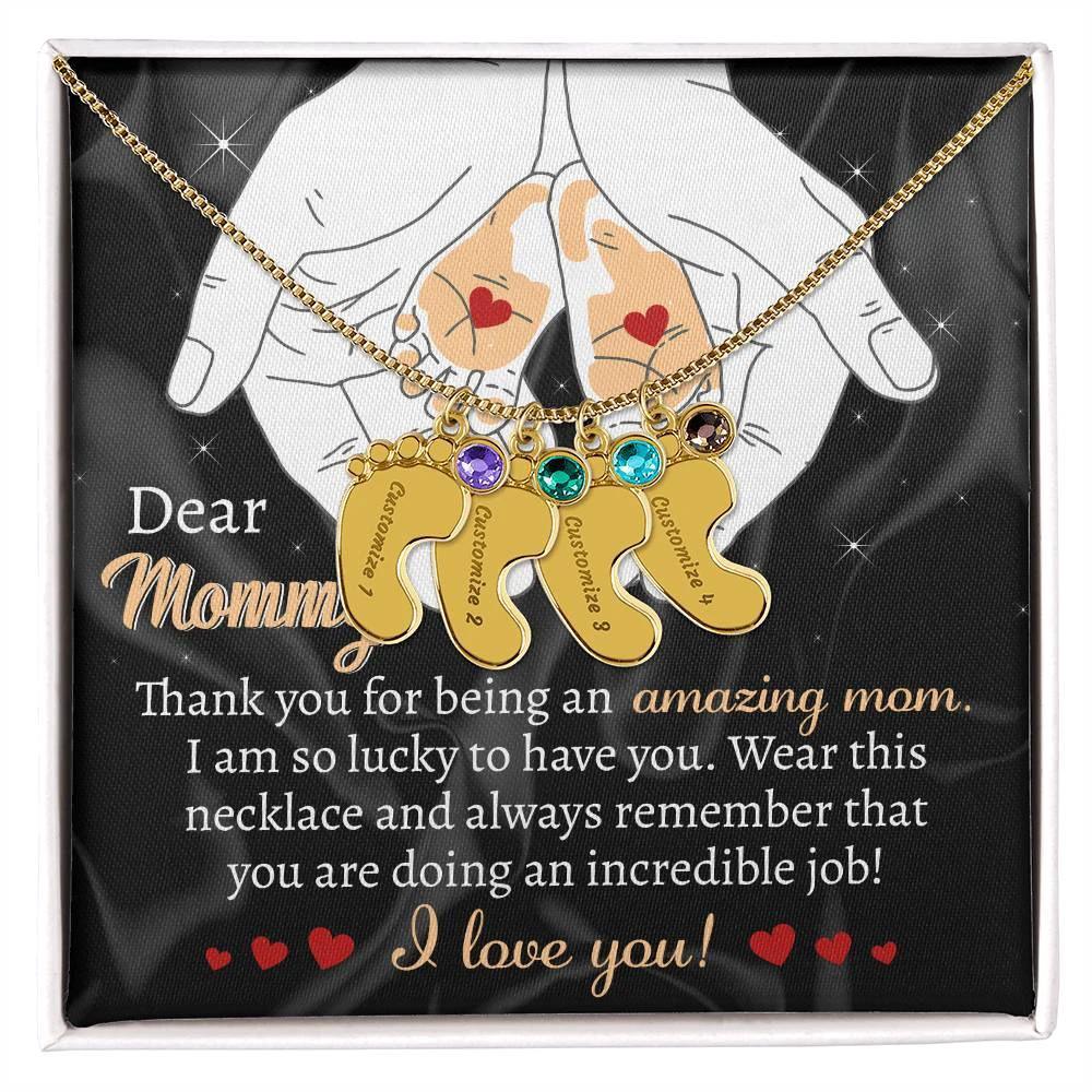 Pregnant Mother Gift You are doing an Incredible Job Engraved Name Baby Feet Necklace with Birthstone