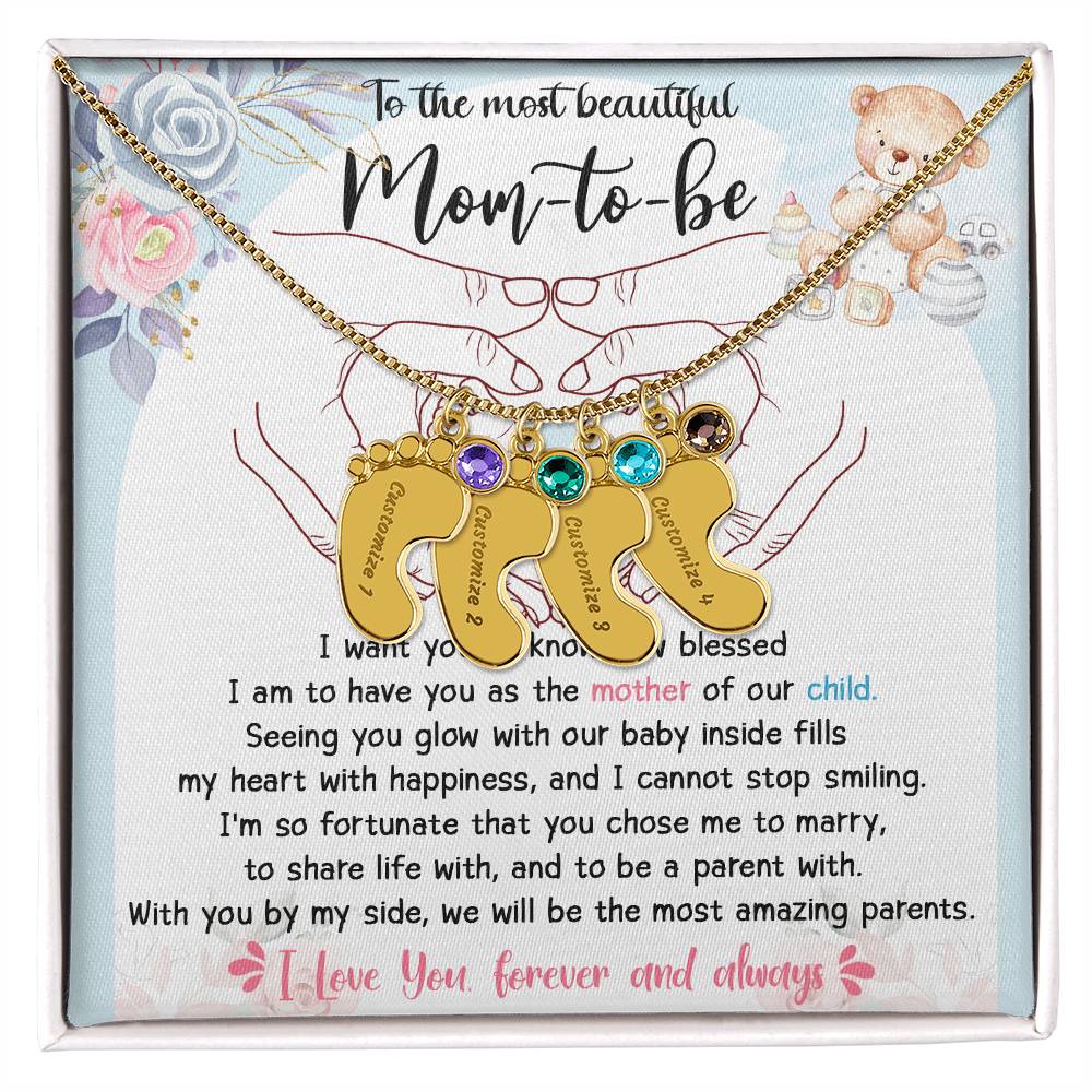 Mom-to-be Gift from Husband Engraved Name Baby Feet Charm Necklace with Birthstone - Mallard Moon Gift Shop