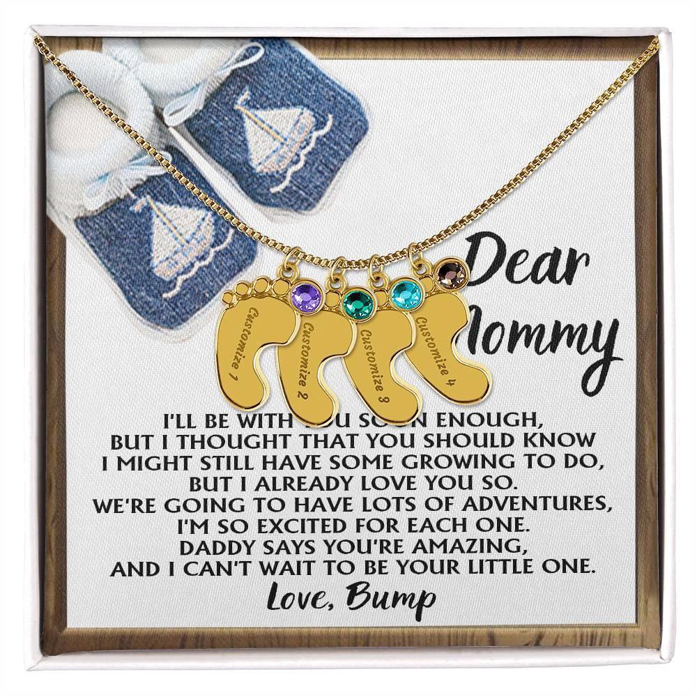 Dear Mommy I Already Love You Pregnancy Engraved Name Baby Feet Charm Necklace with Birthstone Gift for New Mom
