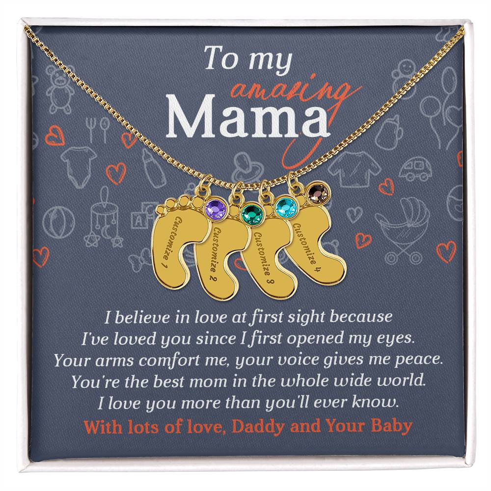 To My Amazing Mama I Believe in Love at First Sight Engraved Name Baby Feet Pendant Necklace with Birthstone - Mallard Moon Gift Shop